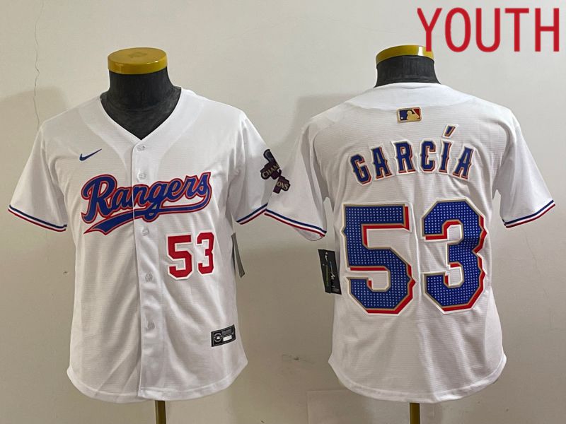 Youth Texas Rangers 53 Garcia White Champion Game Nike 2024 MLB Jersey style 2